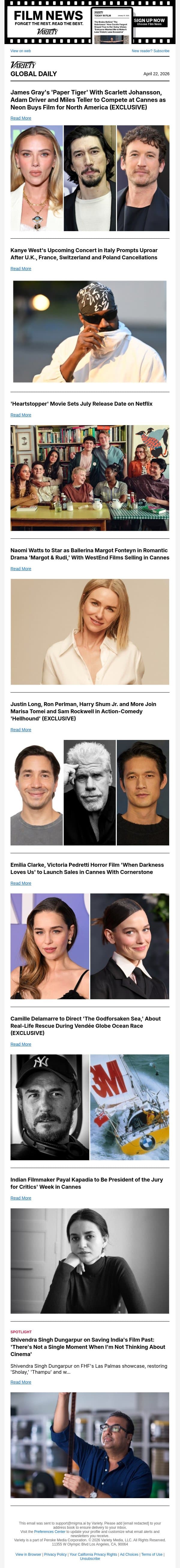 'Paper Tiger' to Compete at Cannes; Kanye West Uproar in Italy; 'Heartstopper' Movie Release Date email from Variety screenshot
