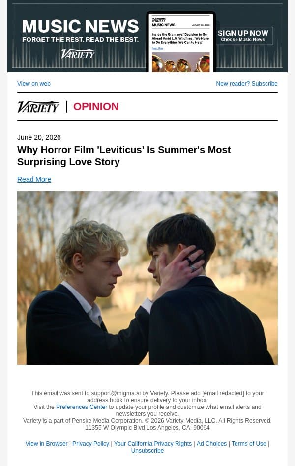 Why Horror Film 'Leviticus' Is Summer's Most Surprising Love Story email from Variety screenshot