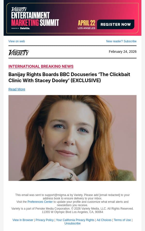 Banijay Rights Boards BBC Docuseries ‘The Clickbait Clinic With Stacey Dooley’ (EXCLUSIVE) email from Variety screenshot