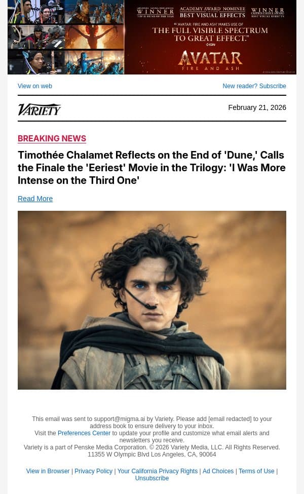 Timothée Chalamet Reflects on the End of 'Dune,' Calls the Finale the 'Eeriest' Movie in the Trilogy: 'I Was More Intense on the Third One' email from Variety screenshot