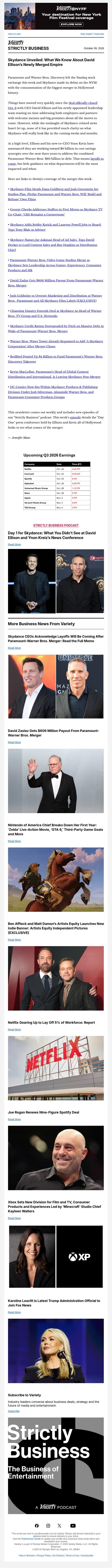 Strictly Business Newsletter & Podcast: Skydance Opens for Business; Inside David Ellison's Day 1 Press Conference; Nintendo of America President on 'Zelda,' 'GTA 6' email from Variety screenshot