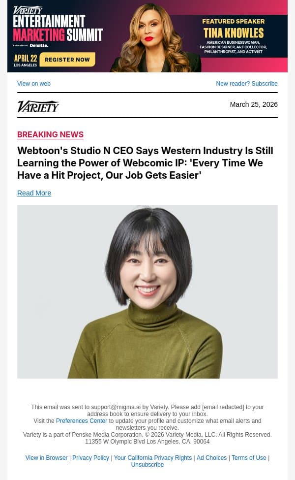 Webtoon's Studio N CEO Says Western Industry Is Still Learning the Power of Webcomic IP: 'Every Time We Have a Hit Project, Our Job Gets Easier' email from Variety screenshot