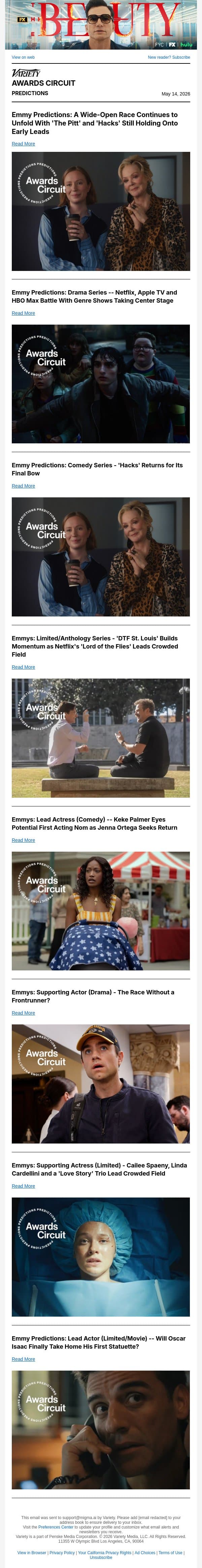Emmy Predictions: Who Is Rising and Falling in the Race? email from Variety screenshot