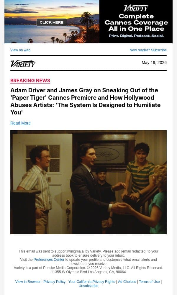 Adam Driver and James Gray on Sneaking Out of the 'Paper Tiger' Cannes Premiere and How Hollywood Abuses Artists: 'The System Is Designed to Humiliate You' email from Variety screenshot