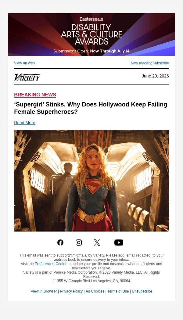 ‘Supergirl’ Stinks. Why Does Hollywood Keep Failing Female Superheroes? email from Variety screenshot