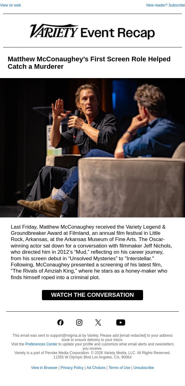 Watch the Conversation – Matthew McConaughey’s Reflects on His Early Career and Honored with Variety Legend & Groundbreaker Award email from Variety screenshot