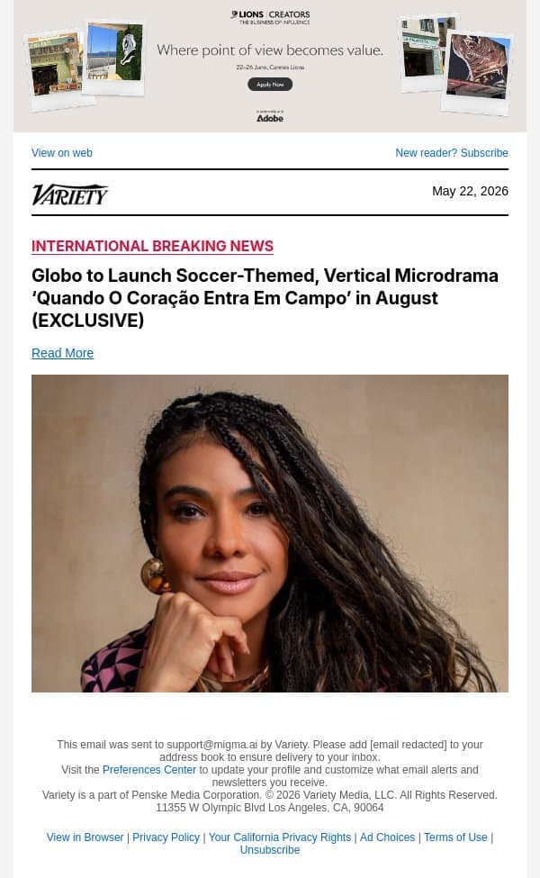 Globo to Launch Soccer-Themed, Vertical Microdrama ‘Quando O Coração Entra Em Campo’ in August (EXCLUSIVE) email from Variety screenshot