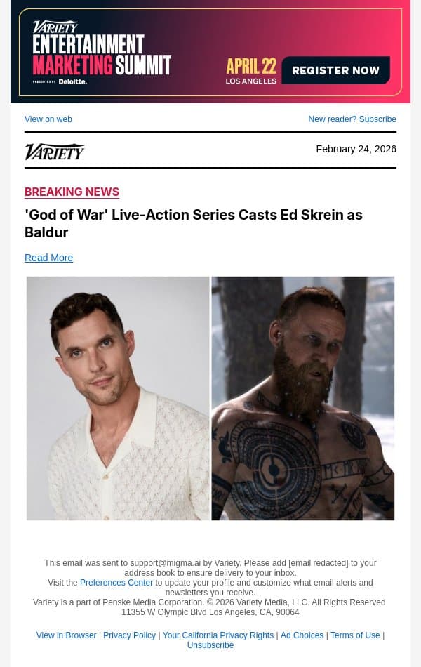 'God of War' Live-Action Series Casts Ed Skrein as Baldur email from Variety screenshot