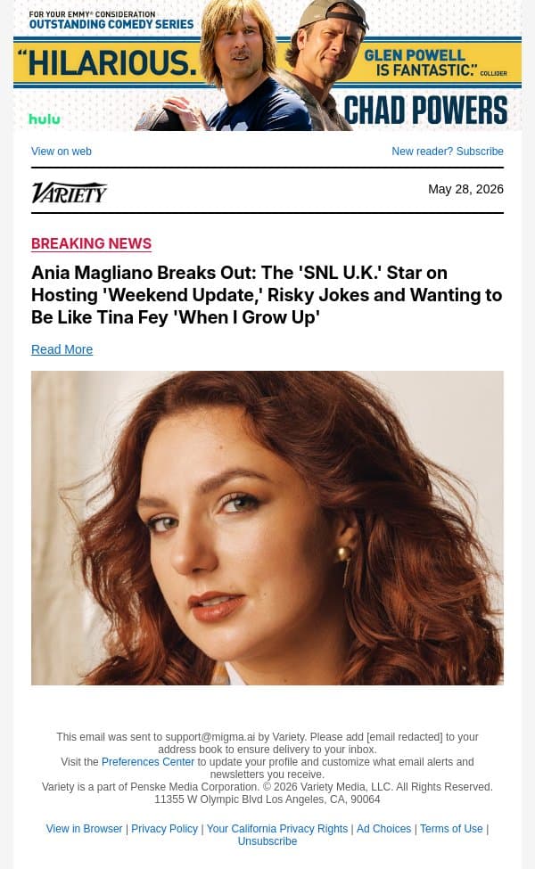 Ania Magliano Breaks Out: The 'SNL U.K.' Star on Hosting 'Weekend Update,' Risky Jokes and Wanting to Be Like Tina Fey 'When I Grow Up' email from Variety screenshot