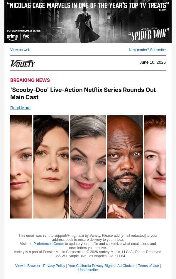'Scooby-Doo' Live-Action Netflix Series Rounds Out Main Cast email from Variety screenshot
