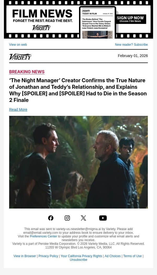 ‘The Night Manager’ Creator Confirms the True Nature of Jonathan and Teddy’s Relationship, and Explains Why [SPOILER] and [SPOILER] Had to Die in the Season 2 Finale email from Variety screenshot
