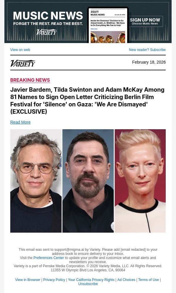 Mark Ruffalo, Ken Loach and More Add Names to Open Letter Criticizing Berlin Film Festival for 'Silence' on Gaza (EXCLUSIVE) email from Variety screenshot