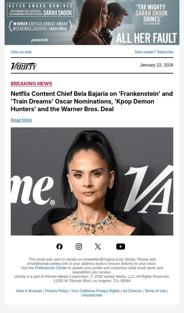 Netflix Content Chief Bela Bajaria on 'Frankenstein' and 'Train Dreams' Oscar Nominations, 'Kpop Demon Hunters' and the Warner Bros. Deal email from Variety screenshot