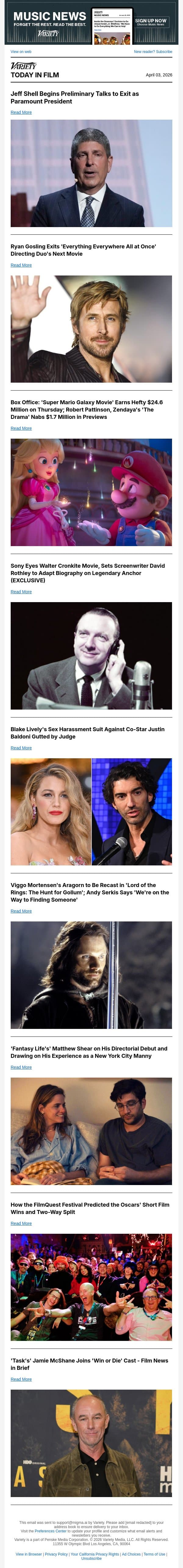 Jeff Shell in Paramount Exit Talks; Ryan Gosling Bows Out of Daniels Movie; 'Super Mario Galaxy Movie' Blasts Off at Box Office email from Variety screenshot