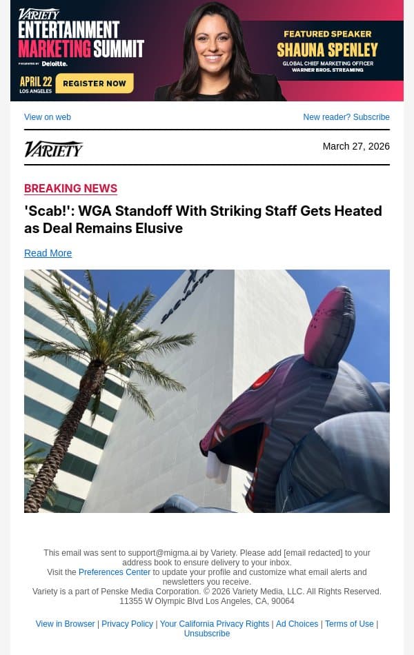 'Scab!': WGA Standoff With Striking Staff Gets Heated as Deal Remains Elusive email from Variety screenshot