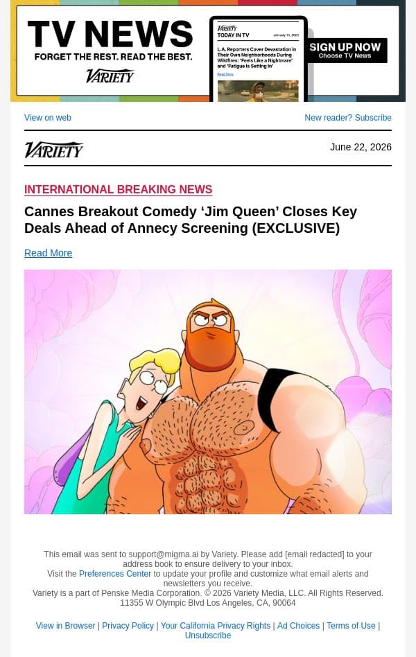 Cannes Breakout Comedy ‘Jim Queen’ Closes Key Deals Ahead of Annecy Screening (EXCLUSIVE) email from Variety screenshot