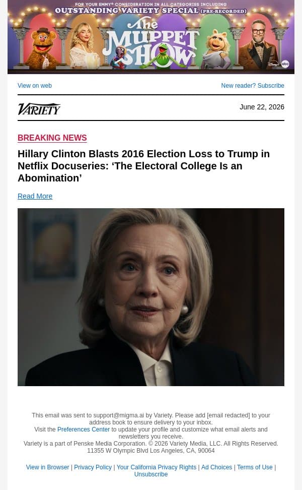 Hillary Clinton Blasts 2016 Election Loss to Trump in Netflix Docuseries: ‘The Electoral College Is an Abomination’ email from Variety screenshot