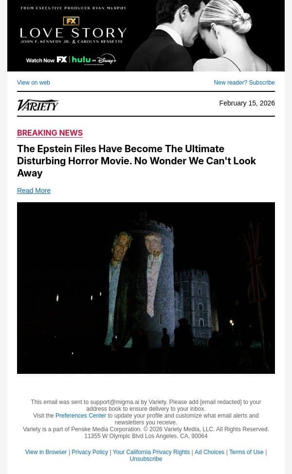 The Epstein Files Have Become The Ultimate Disturbing Horror Movie. No Wonder We Can't Look Away email from Variety screenshot