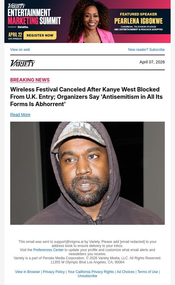 Wireless Festival Canceled After Kanye West Blocked From U.K. Entry; Organizers Say 'Antisemitism in All Its Forms Is Abhorrent' email from Variety screenshot