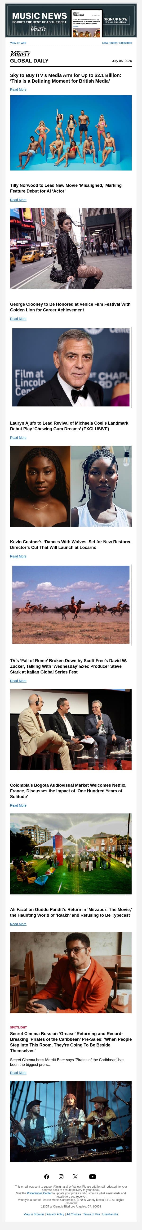 Sky, ITV Seal $2.1 Billion Deal; Tilly Norwood's Feature Debut; George Clooney's Venice Honor email from Variety screenshot