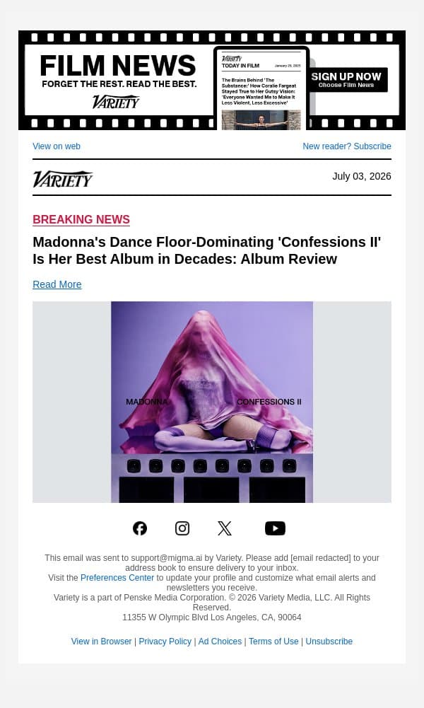 Madonna's Dance Floor-Dominating 'Confessions II' Is Her Best Album in Decades: Album Review email from Variety screenshot