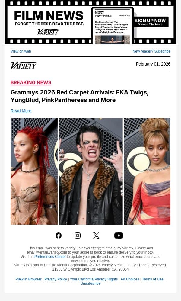Grammys 2026 Red Carpet Arrivals: FKA Twigs, YungBlud, PinkPantheress and More email from Variety screenshot