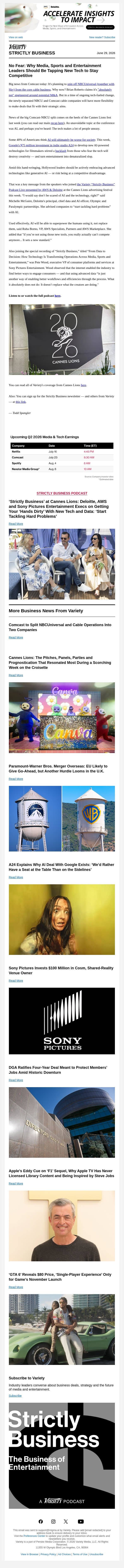 Strictly Business Newsletter & Podcast: Comcast to Spin Off NBCU; Why Hollywood Shouldn't Fear New Tech; Cannes Lions Recap; Paramount-WBD Merger May Hit UK Hurdle; and More email from Variety screenshot