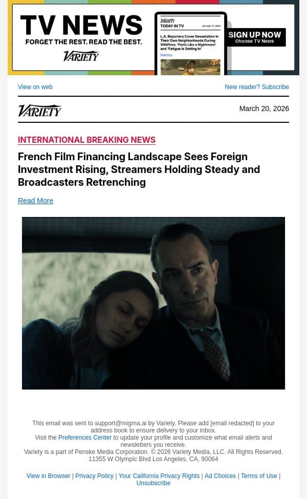 French Film Financing Landscape Sees Foreign Investment Rising, Streamers Holding Steady and Broadcasters Retrenching email from Variety screenshot