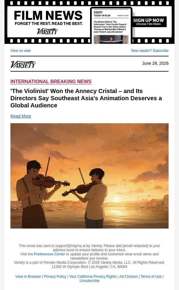 'The Violinist' Won the Annecy Cristal – and Its Directors Say Southeast Asia's Animation Deserves a Global Audience email from Variety screenshot