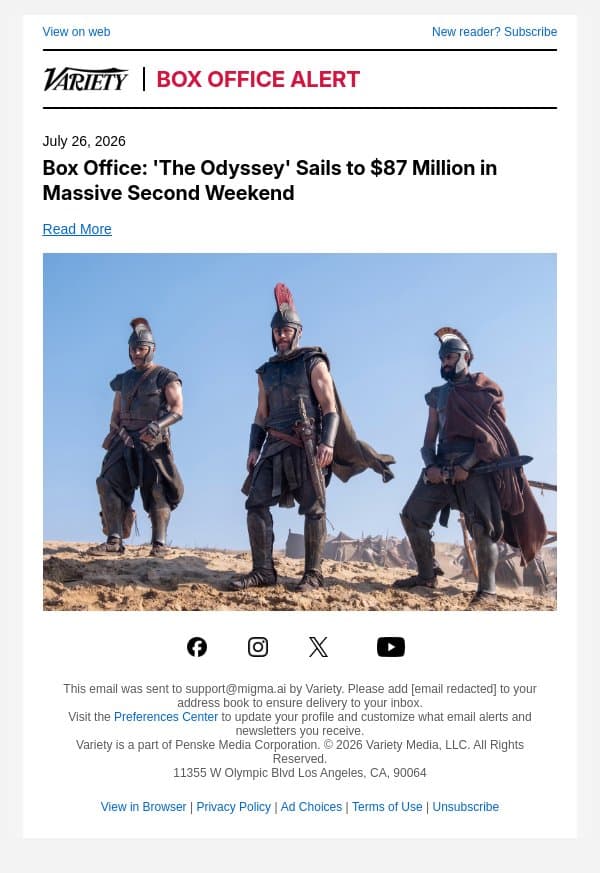 Box Office: 'The Odyssey' Sails to $87 Million in Massive Second Weekend email from Variety screenshot