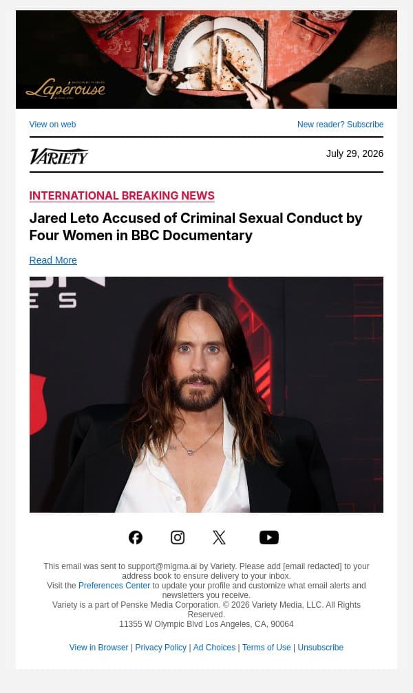 Jared Leto Accused of Criminal Sexual Conduct by Four Women in BBC Documentary email from Variety screenshot
