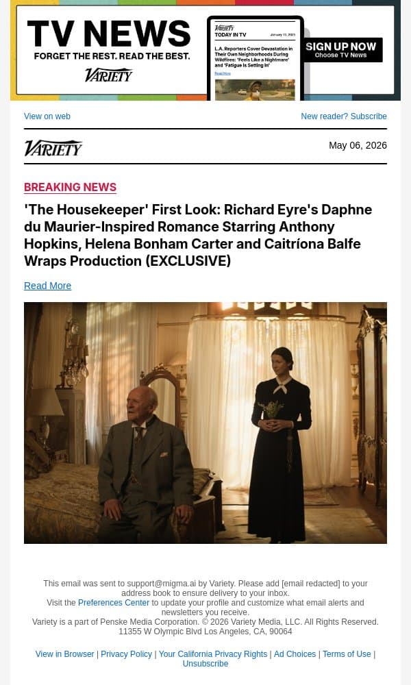 'The Housekeeper' First Look: Richard Eyre's Daphne du Maurier-Inspired Romance Starring Anthony Hopkins, Helena Bonham Carter and Caitríona Balfe Wraps Production (EXCLUSIVE) email from Variety screenshot