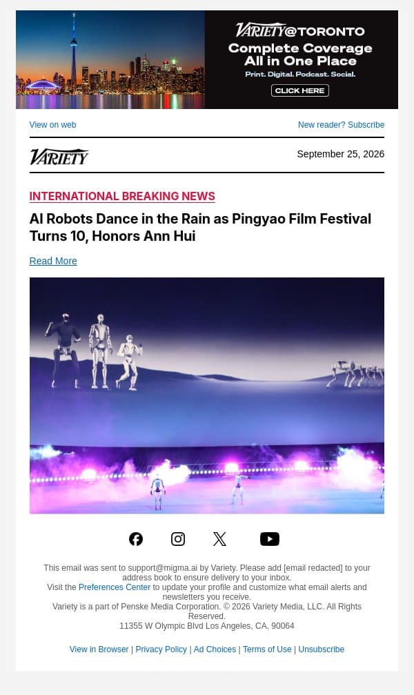 AI Robots Dance in the Rain as Pingyao Film Festival Turns 10, Honors Ann Hui email from Variety screenshot