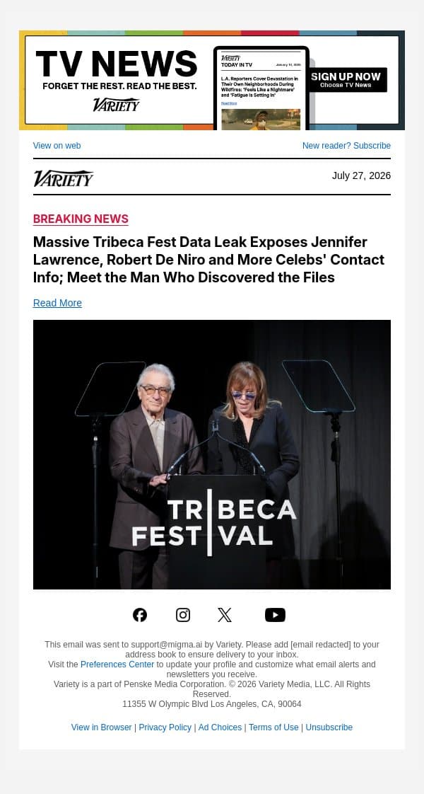 Massive Tribeca Fest Data Leak Exposes Jennifer Lawrence, Robert De Niro and More Celebs' Contact Info; Meet the Man Who Discovered the Files email from Variety screenshot