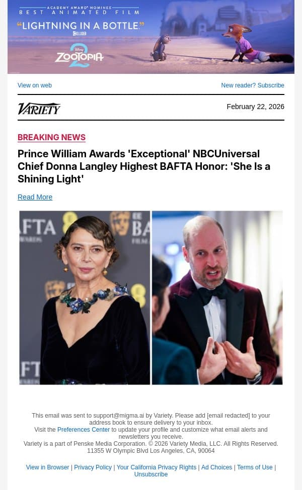 Prince William Awards 'Exceptional' NBCUniversal Chief Donna Langley Highest BAFTA Honor: 'She Is a Shining Light' email from Variety screenshot