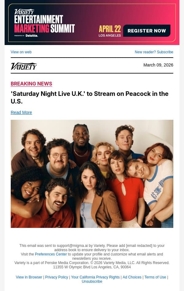 'Saturday Night Live U.K.' to Stream on Peacock in the U.S. email from Variety screenshot