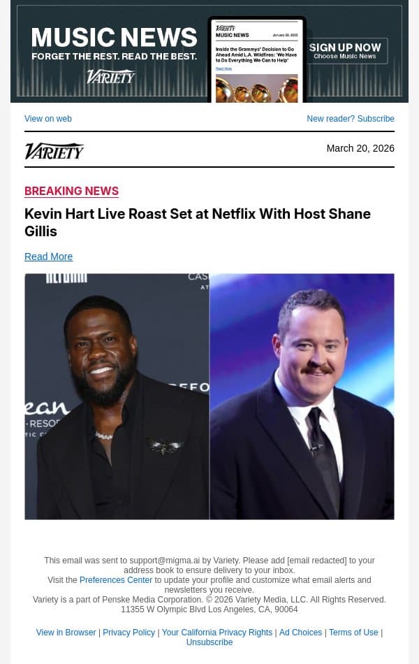 Kevin Hart Live Roast Set at Netflix With Host Shane Gillis email from Variety screenshot