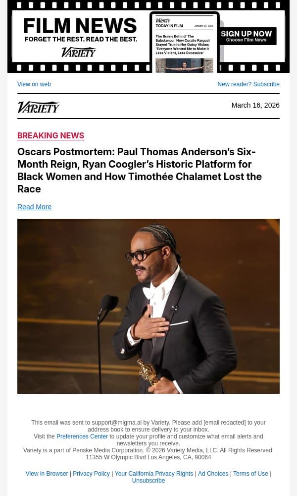 Oscars Postmortem: Paul Thomas Anderson’s Six-Month Reign, Ryan Coogler’s Historic Platform for Black Women and How Timothée Chalamet Lost the Race email from Variety screenshot
