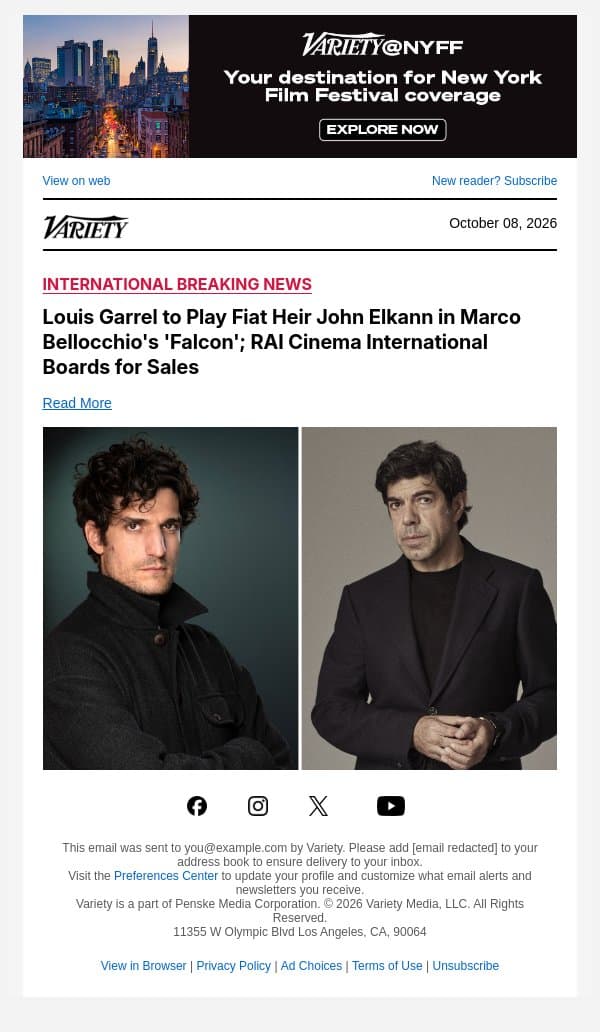 Louis Garrel to Play Fiat Heir John Elkann in Marco Bellocchio's 'Falcon'; RAI Cinema International Boards for Sales email from Variety screenshot