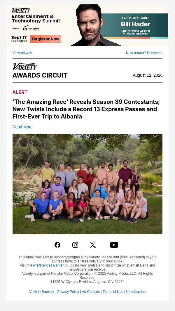'The Amazing Race' Reveals Season 39 Contestants; New Twists Include a Record 13 Express Passes and First-Ever Trip to Albania email from Variety screenshot