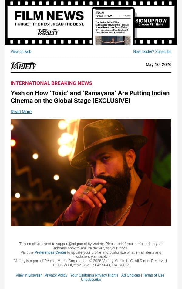 Yash on How 'Toxic' and 'Ramayana' Are Putting Indian Cinema on the Global Stage (EXCLUSIVE) email from Variety screenshot