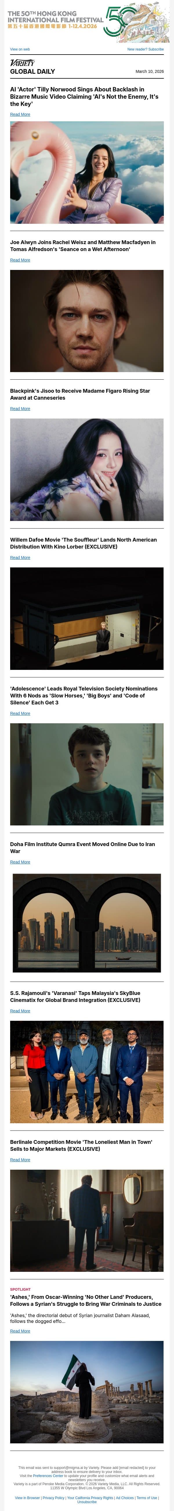 Tilly Norwood Music Video; Joe Alwyn's Next Role; Blackpink's Jisoo to Get Canneseries Award email from Variety screenshot