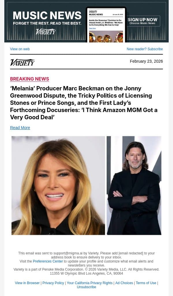 ‘Melania’ Producer Marc Beckman on the Jonny Greenwood Dispute, the Tricky Politics of Licensing Stones or Prince Songs, and the First Lady’s Forthcoming Docuseries: ‘I Think Amazon MGM Got a Very Good Deal’ email from Variety screenshot
