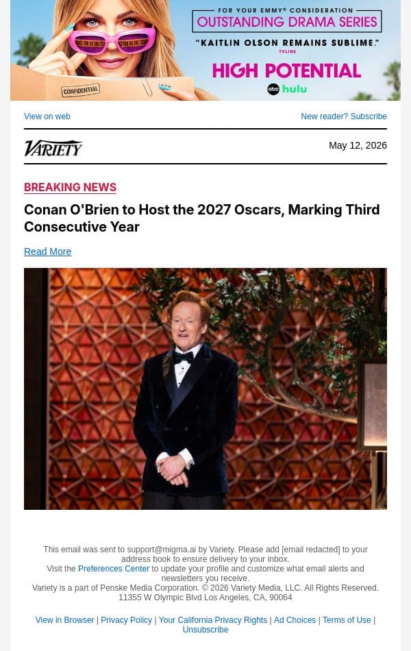 Conan O'Brien to Host the 2027 Oscars, Marking Third Consecutive Year email from Variety screenshot
