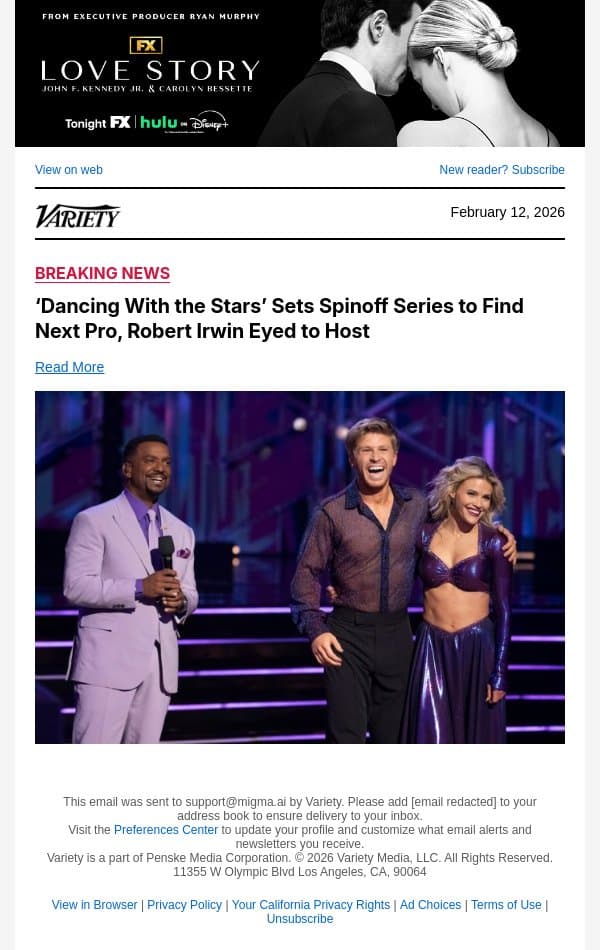 ‘Dancing With the Stars’ Sets Spinoff Series to Find Next Pro, Robert Irwin Eyed to Host email from Variety screenshot