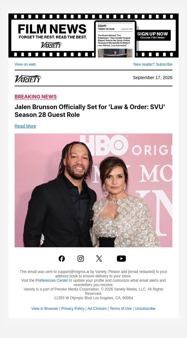 Jalen Brunson Officially Set for 'Law & Order: SVU' Season 28 Guest Role email from Variety screenshot