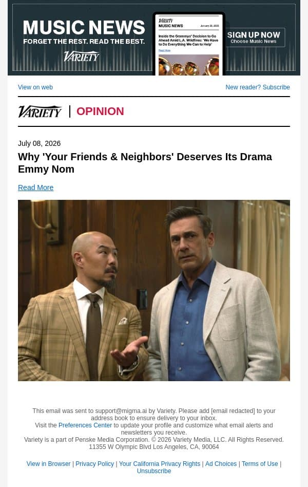 Why 'Your Friends and Neighbors' Deserves Its Drama Emmy Nom email from Variety screenshot