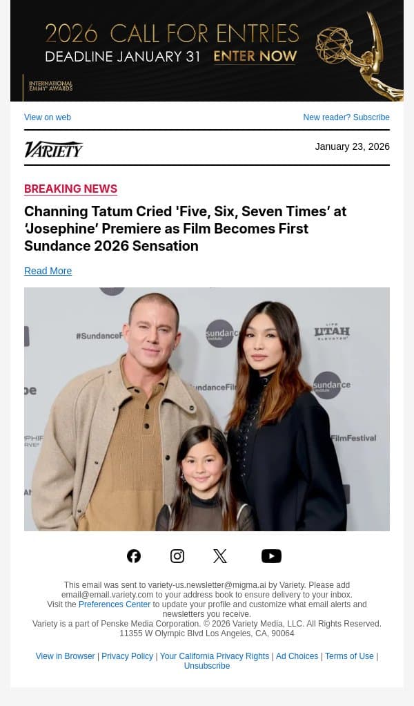 Channing Tatum Cried 'Five, Six, Seven Times’ at ‘Josephine’ Premiere as Film Becomes First Sundance 2026 Sensation email from Variety screenshot