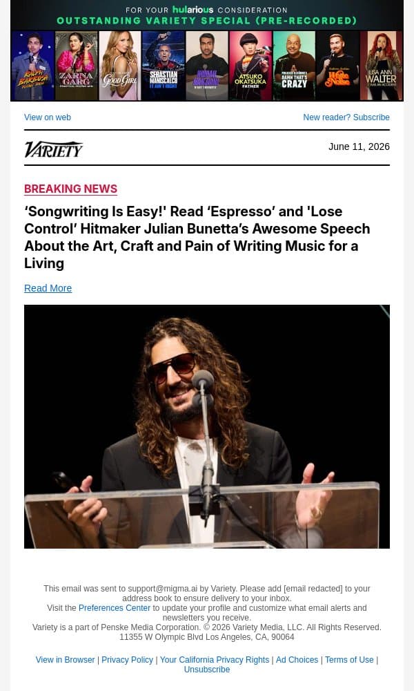 ‘Songwriting Is Easy!' Read ‘Espresso’ and 'Lose Control’ Hitmaker Julian Bunetta’s Awesome Speech About the Art, Craft and Pain of Writing Music for a Living email from Variety screenshot