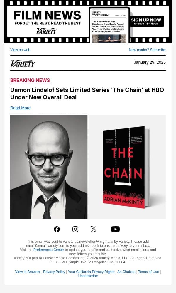 Damon Lindelof Sets Limited Series 'The Chain' at HBO Under New Overall Deal email from Variety screenshot
